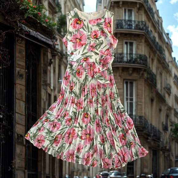 Tahari Floral Pleated Tea-Length Dress – Size 8 🌸✨ - Picture 1 of 4